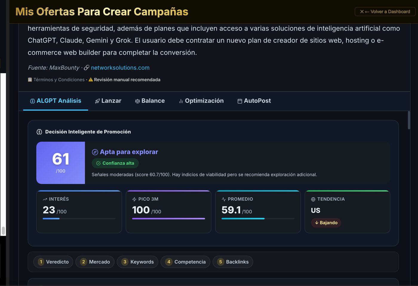 Análisis de inteligencia artificial de ALGPT con score de viabilidad de una oferta