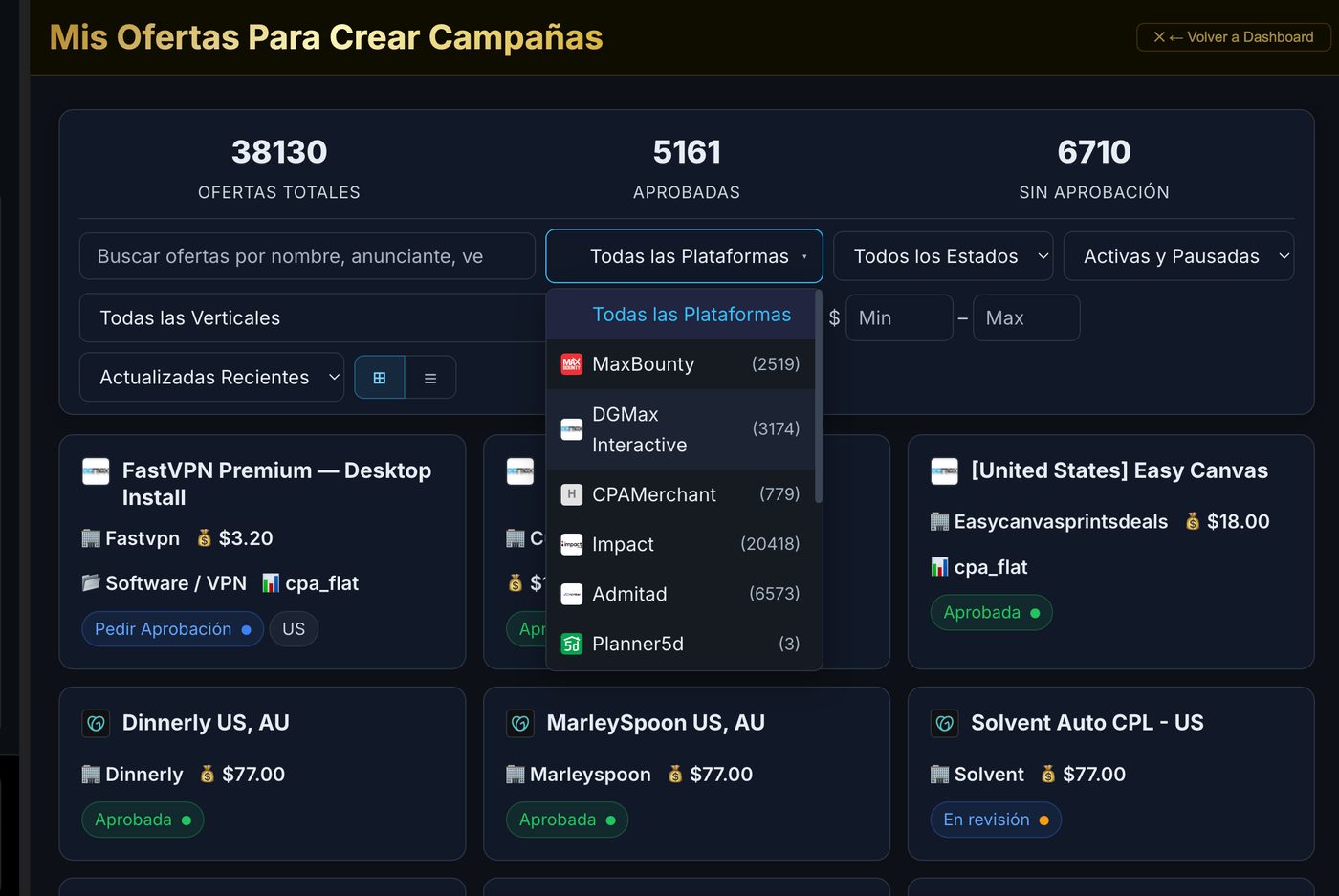 Catálogo de ofertas CPA de ALGPT con 38,130 ofertas de MaxBounty, DGMax, Impact y más